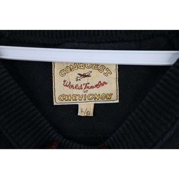 Vintage 90s Chevignon Large Faded Boxy Fit Spell Out Crewneck Sweatshirt Black - Picture 4 of 7